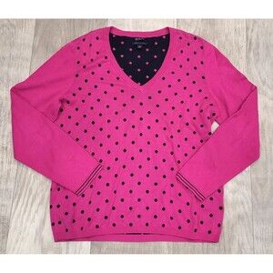 Tommy Hilfiger XL Hot Pink Navy Polka Dot Sweater V-Neck Pima Cotton Super Soft